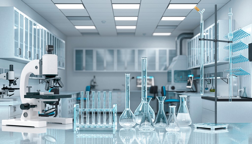 Modern science laboratory with instruments, glassware and lab equipment