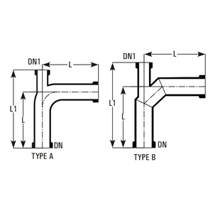 90° bend with thermometer branch Type A and Type B (DN, DN1, L, L1)