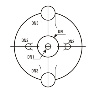 Five neck bottom outlet spherical vessel dimensions (L, DN, DN1, DN2, DN3)