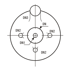 Five neck bottom outlet spherical vessel dimensions (L, DN, DN1, DN2, DN3)