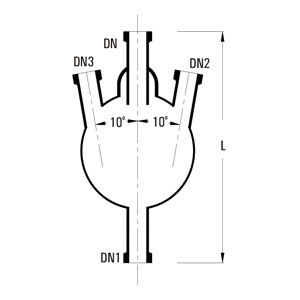 Spherical receiver dimensions L, DN, DN1, DN2, DN3 (10° side nozzles)
