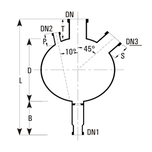 Spherical vessel dimensions L, D, DN, T, DN1, B, DN2, P, DN3, S