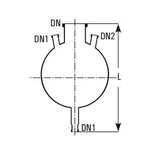 Three neck bottom outlet spherical vessel dimensions (L, DN, DN1, DN2)